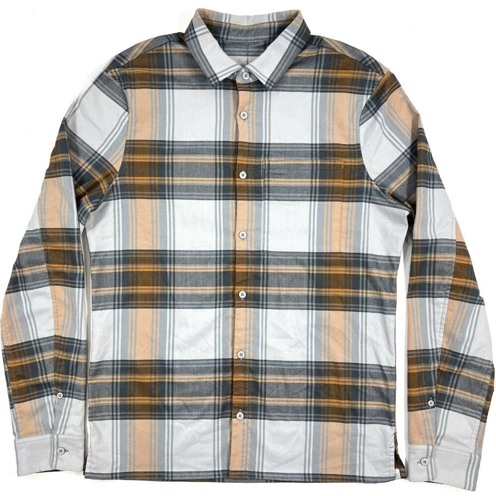 Lululemon Masons Peak Flannel Shirt Mens Medium Long Sleeve Plaid Gray Orange